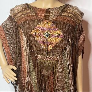 Handmade Macrame Knit Poncho Shawl Beaded Boho Bohemian Fringe Brown Gold